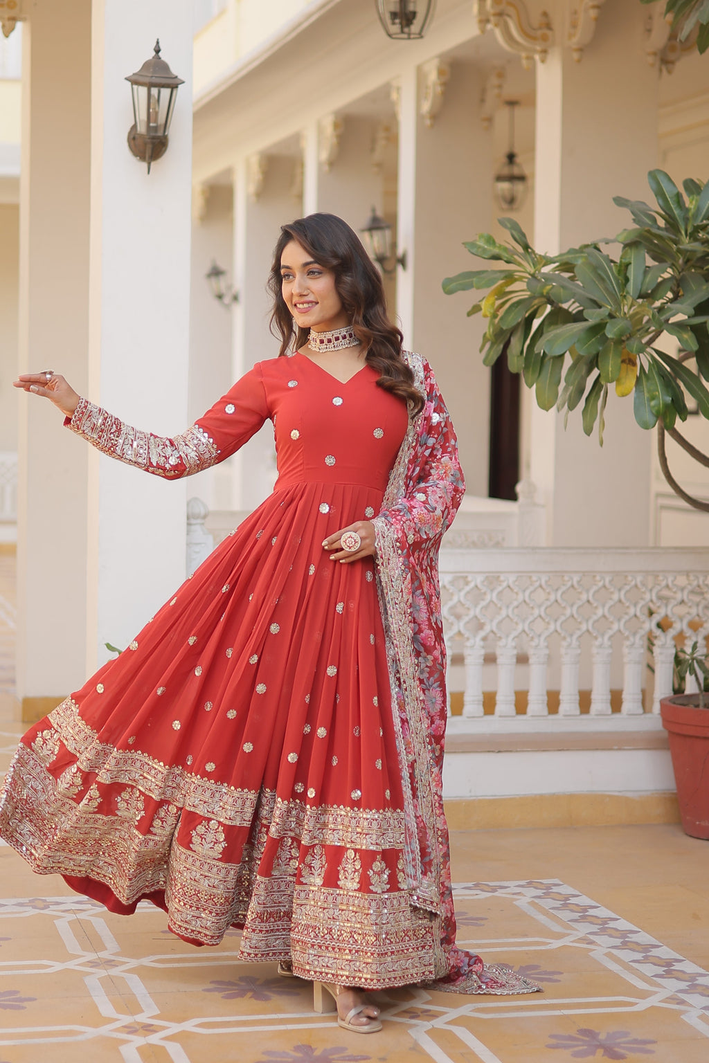 Sonakshi Women's Orange Faux Georgette Sequins Zari Embroidered Anarkali Dress with Dupatta | Grocsy
