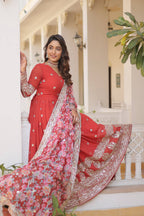 Sonakshi Women's Orange Faux Georgette Sequins Zari Embroidered Anarkali Dress with Dupatta | Grocsy