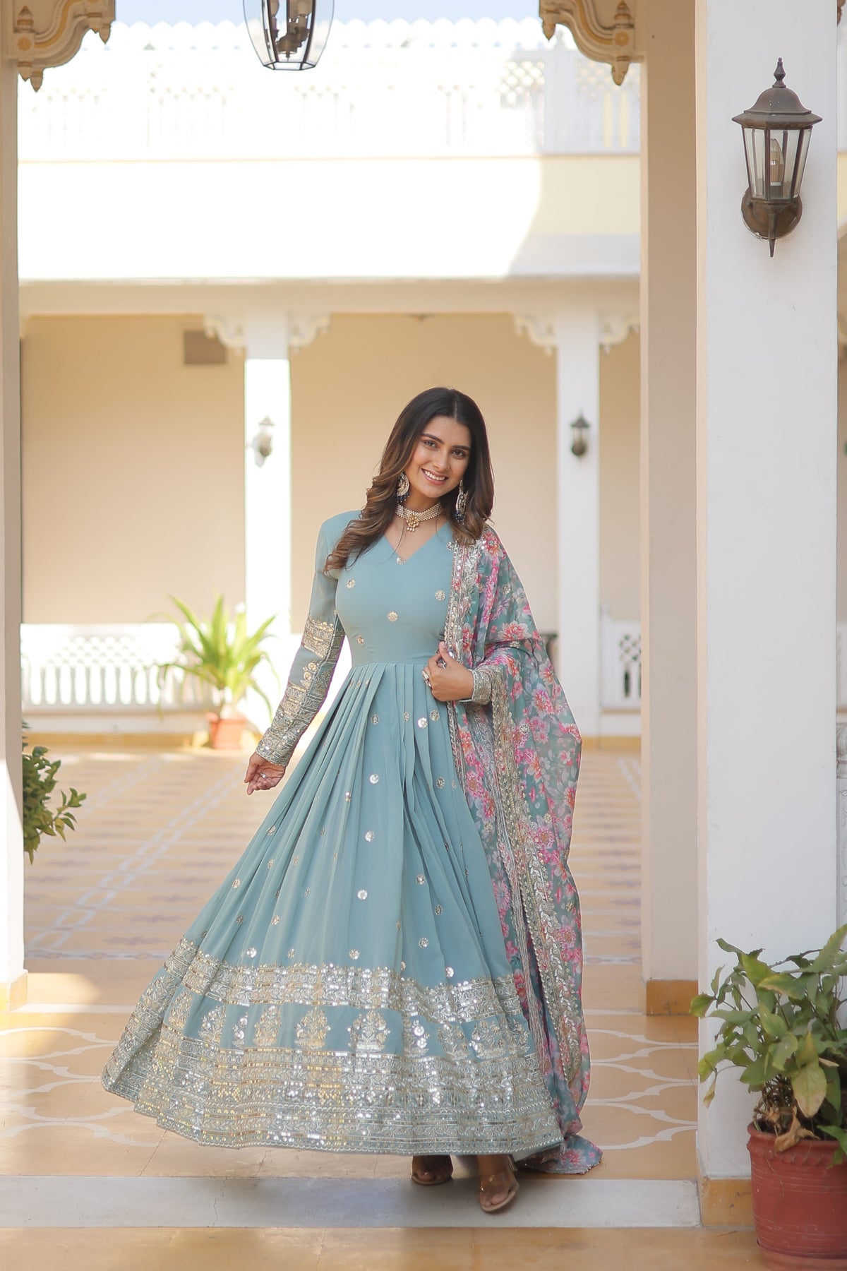 Sonakshi Women's Sky Blue Faux Georgette Sequins Zari Embroidered Anarkali Dress with Dupatta | Grocsy