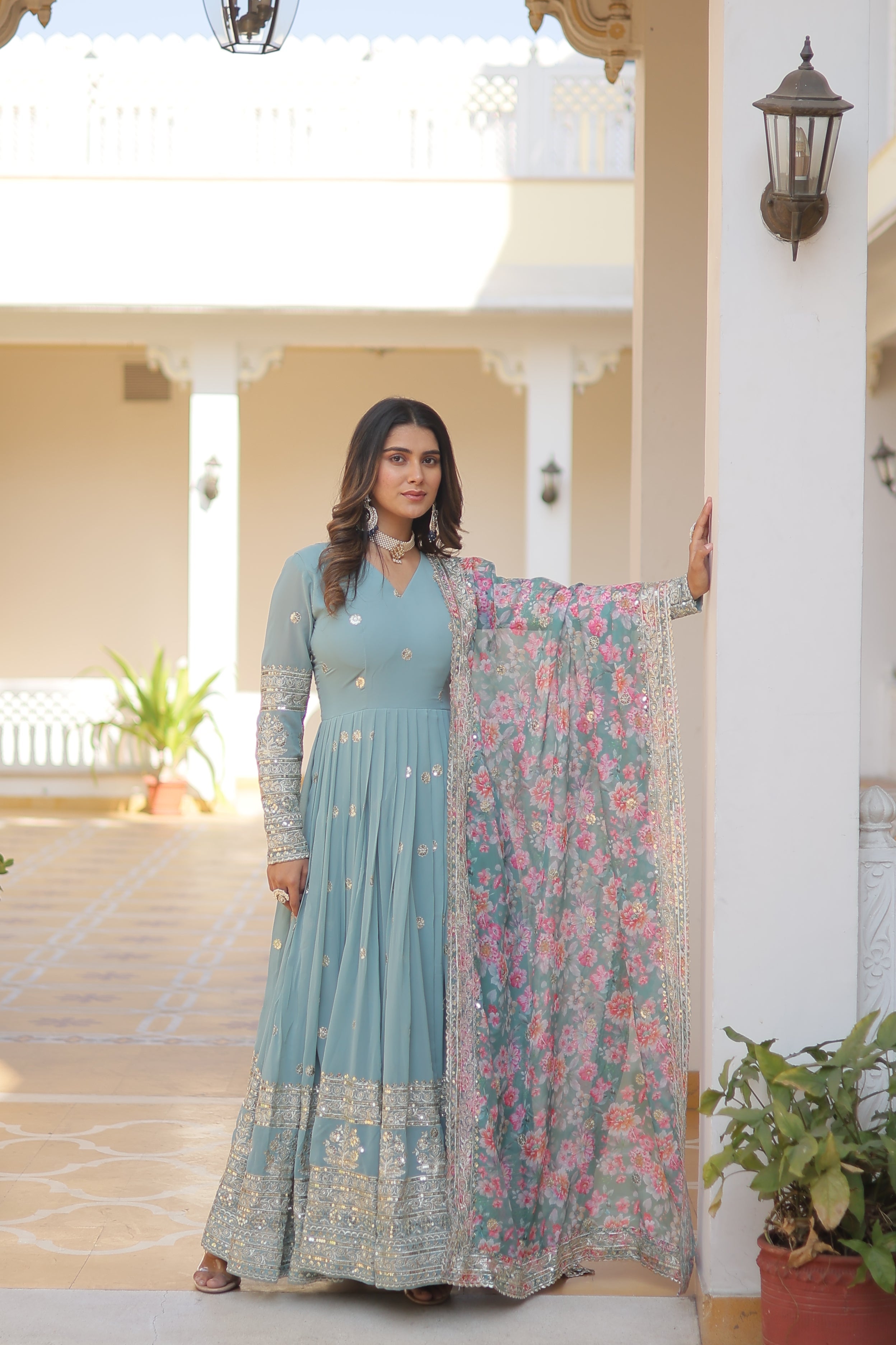 Sonakshi Women's Sky Blue Faux Georgette Sequins Zari Embroidered Anarkali Dress with Dupatta | Grocsy