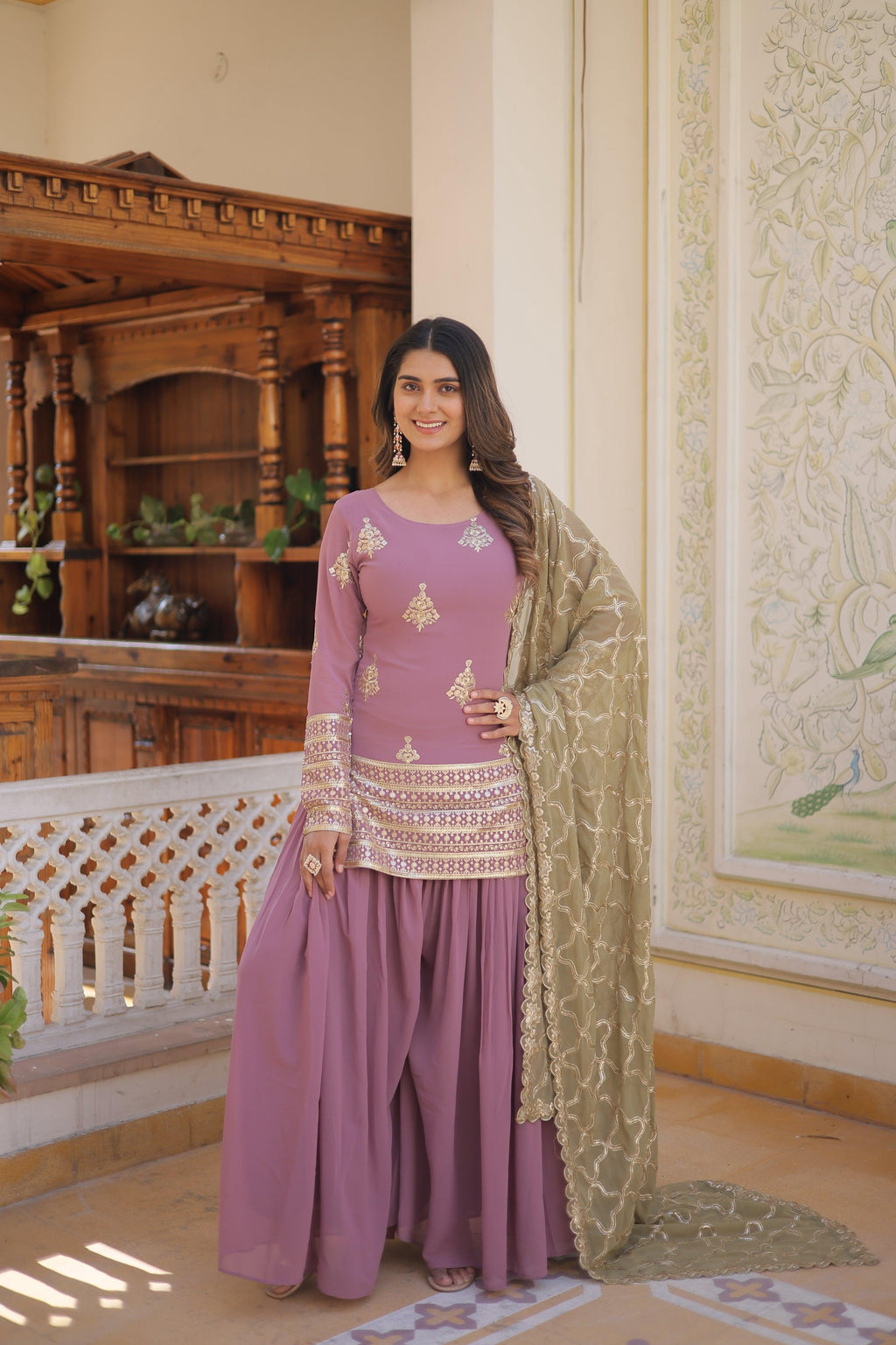 Sonakshi Women's Onion Faux Georgette Sequins Thread Embroidered Sharara Sets | Grocsy