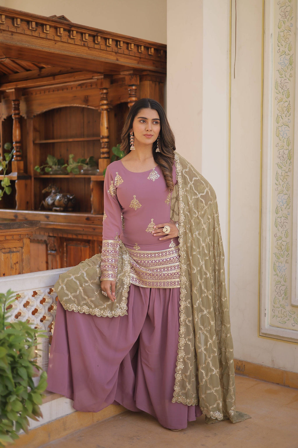 Sonakshi Women's Onion Faux Georgette Sequins Thread Embroidered Sharara Sets | Grocsy