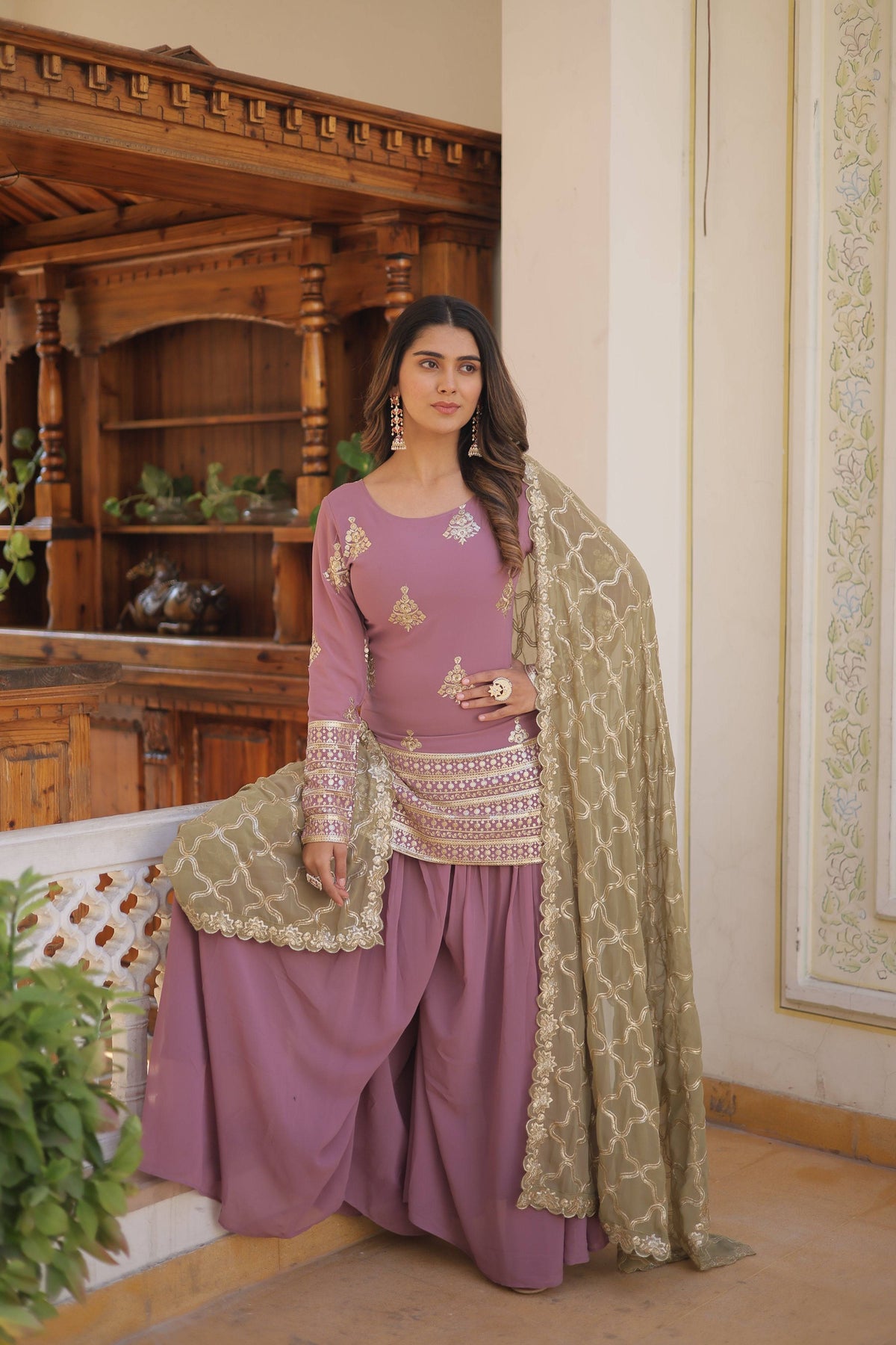 Sonakshi Women's Onion Faux Georgette Sequins Thread Embroidered Sharara Sets | Grocsy