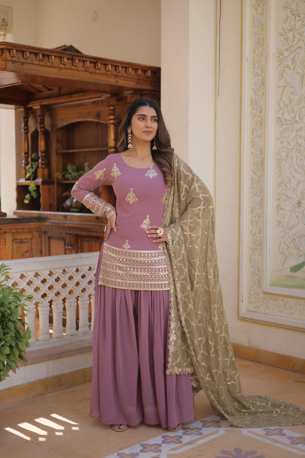 Sonakshi Women's Onion Faux Georgette Sequins Thread Embroidered Sharara Sets | Grocsy