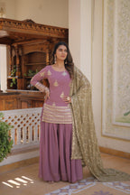 Sonakshi Women's Onion Faux Georgette Sequins Thread Embroidered Sharara Sets | Grocsy