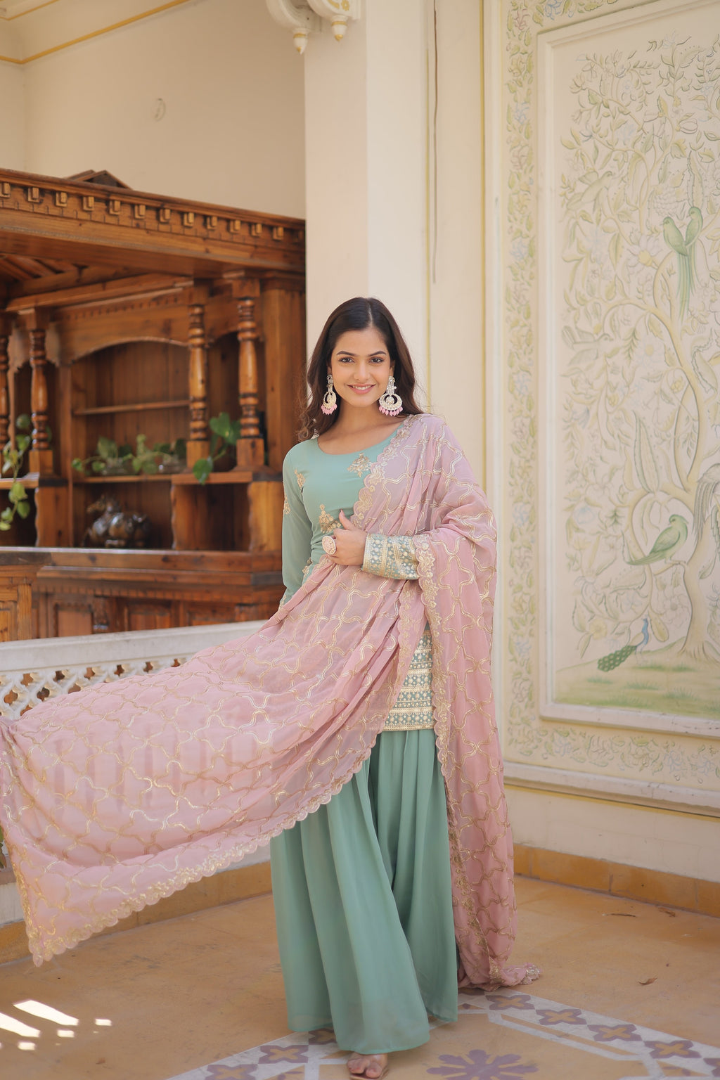 Sonakshi Women's Sky Blue Faux Georgette Sequins Thread Embroidered Sharara Sets | Grocsy
