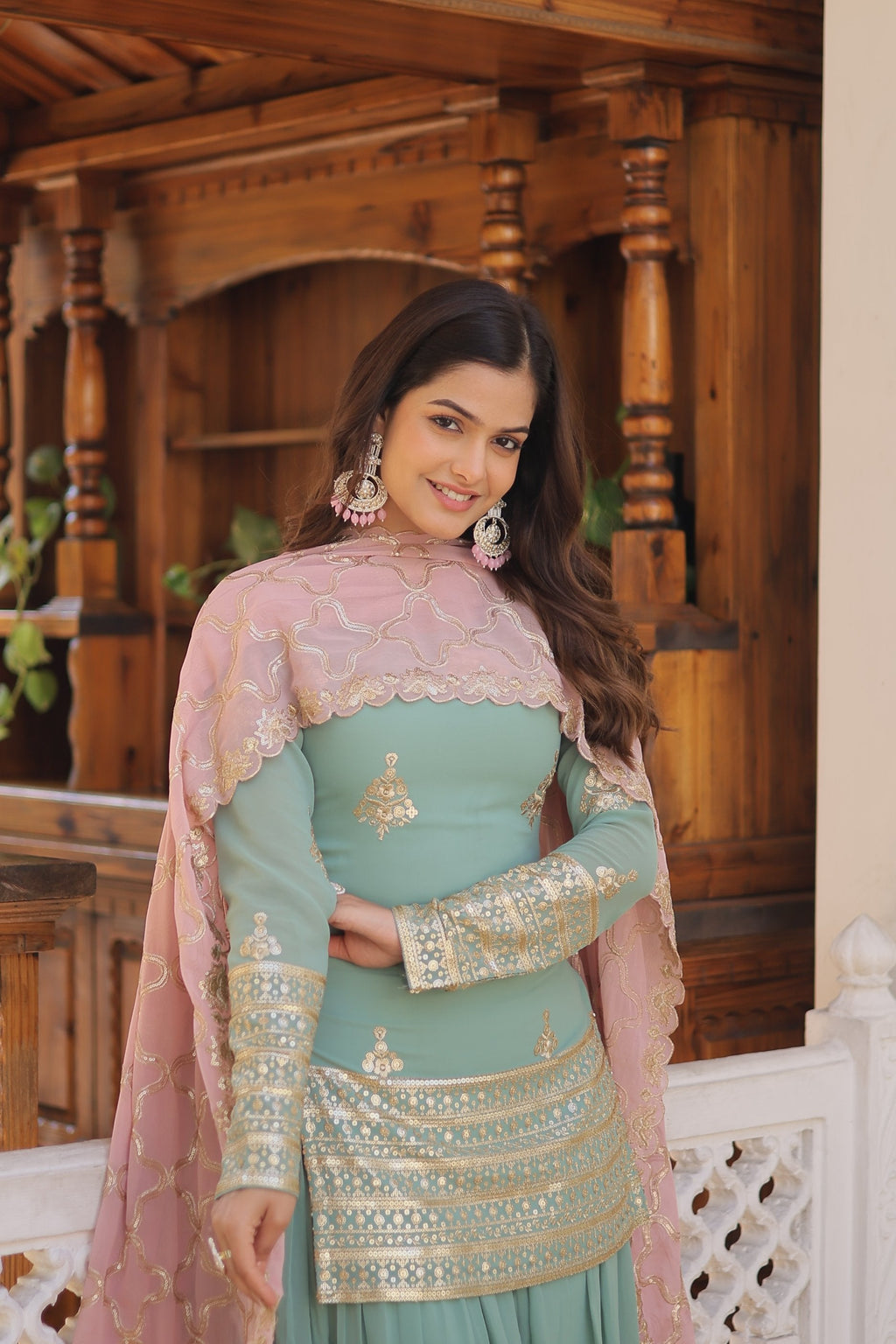 Sonakshi Women's Sky Blue Faux Georgette Sequins Thread Embroidered Sharara Sets | Grocsy