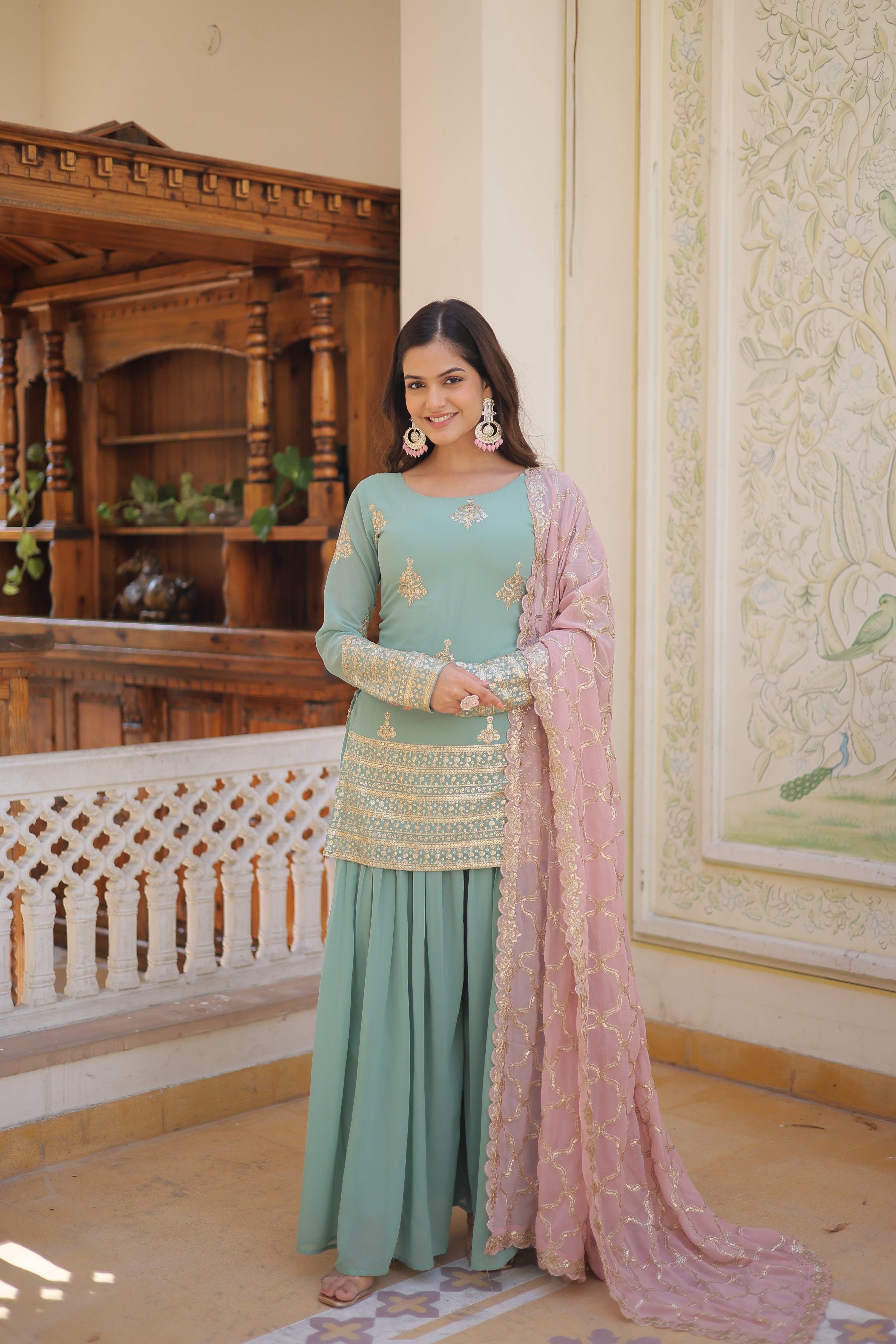 Sonakshi Women's Sky Blue Faux Georgette Sequins Thread Embroidered Sharara Sets | Grocsy