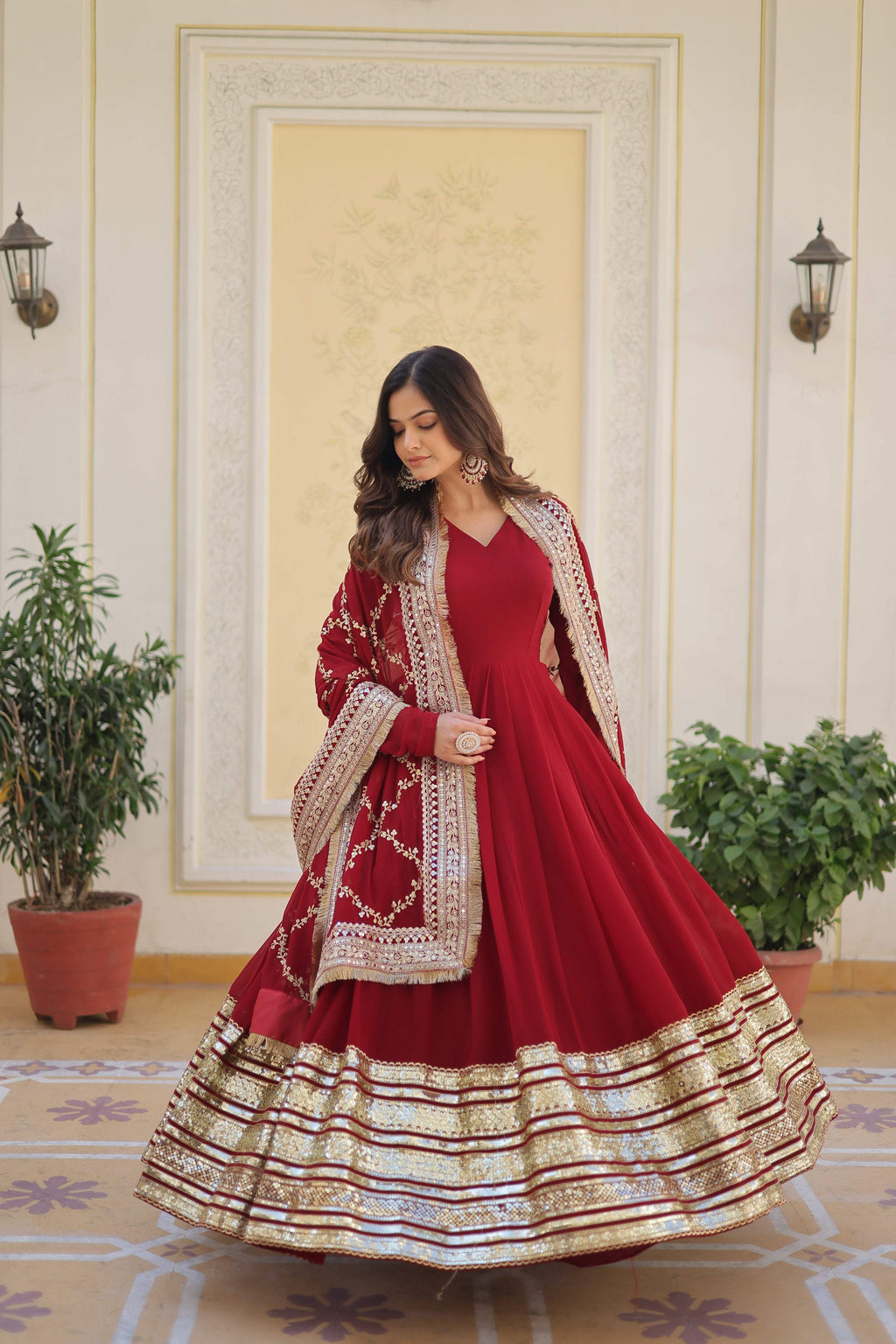 Sonakshi Women's Maroon Faux Blooming Sequins Zari Embroidered Anarkali Dress with Dupatta | Grocsy