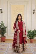 Sonakshi Women's Maroon Faux Blooming Sequins Zari Embroidered Anarkali Dress with Dupatta | Grocsy