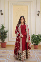 Sonakshi Women's Maroon Faux Blooming Sequins Zari Embroidered Anarkali Dress with Dupatta | Grocsy