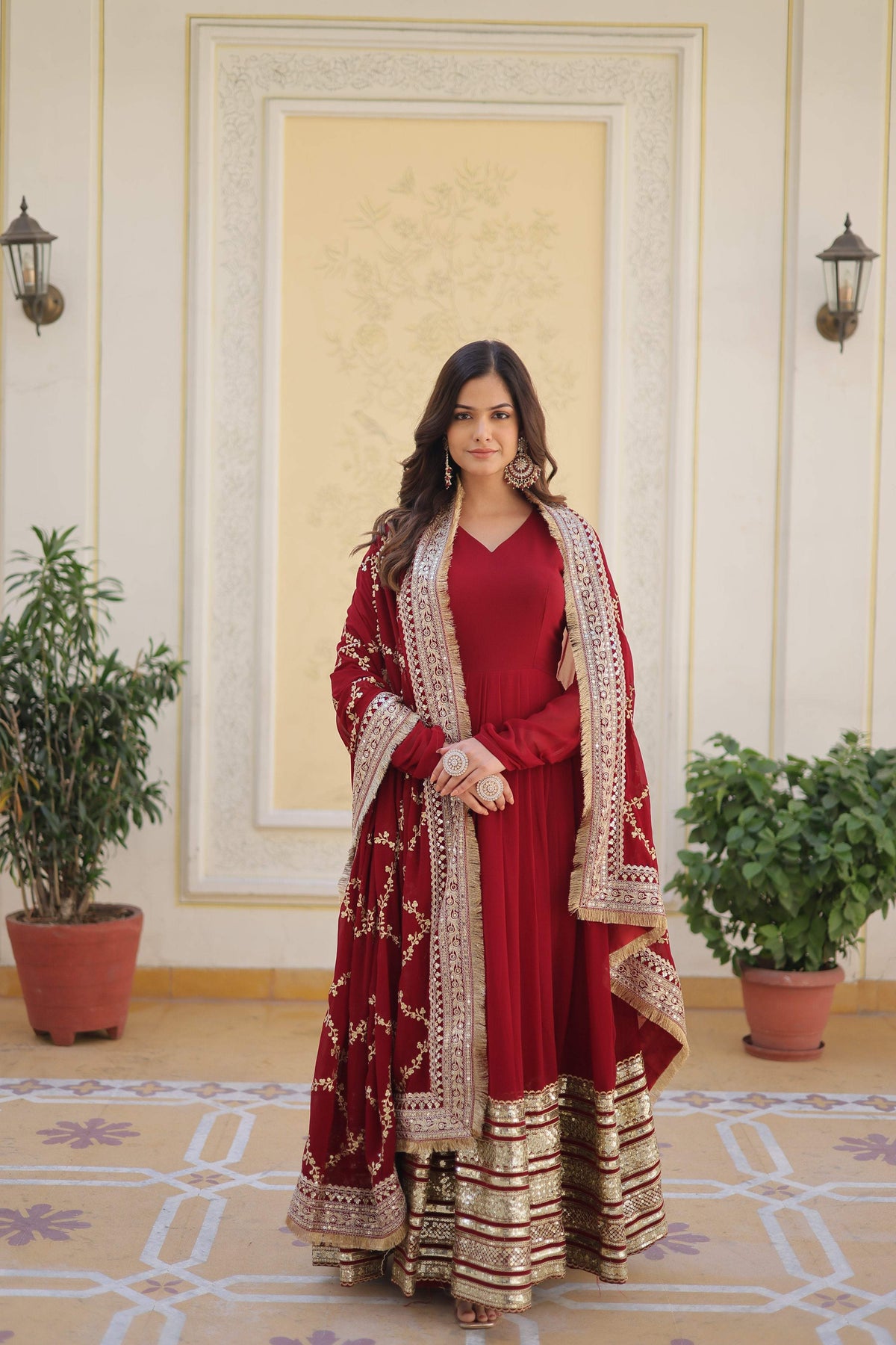 Sonakshi Women's Maroon Faux Blooming Sequins Zari Embroidered Anarkali Dress with Dupatta | Grocsy