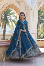 Sonakshi Women's Rama Faux Georgette Sequins Zari Embroidered Anarkali Dress with Dupatta | Grocsy