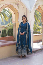 Sonakshi Women's Rama Faux Georgette Sequins Zari Embroidered Anarkali Dress with Dupatta | Grocsy