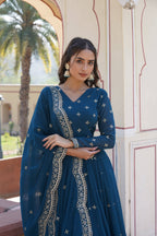 Sonakshi Women's Rama Faux Georgette Sequins Zari Embroidered Anarkali Dress with Dupatta | Grocsy