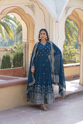 Sonakshi Women's Rama Faux Georgette Sequins Zari Embroidered Anarkali Dress with Dupatta | Grocsy
