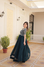 Sonakshi Women's Rama Faux Blooming Sequins Zari Embroidered Long Anarkali Dress | Grocsy