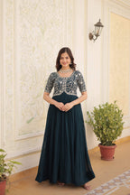 Sonakshi Women's Rama Faux Blooming Sequins Zari Embroidered Long Anarkali Dress | Grocsy