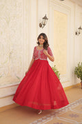 Sonakshi Women's Red Faux Blooming Sequins Zari Embroidered Long Anarkali Dress | Grocsy