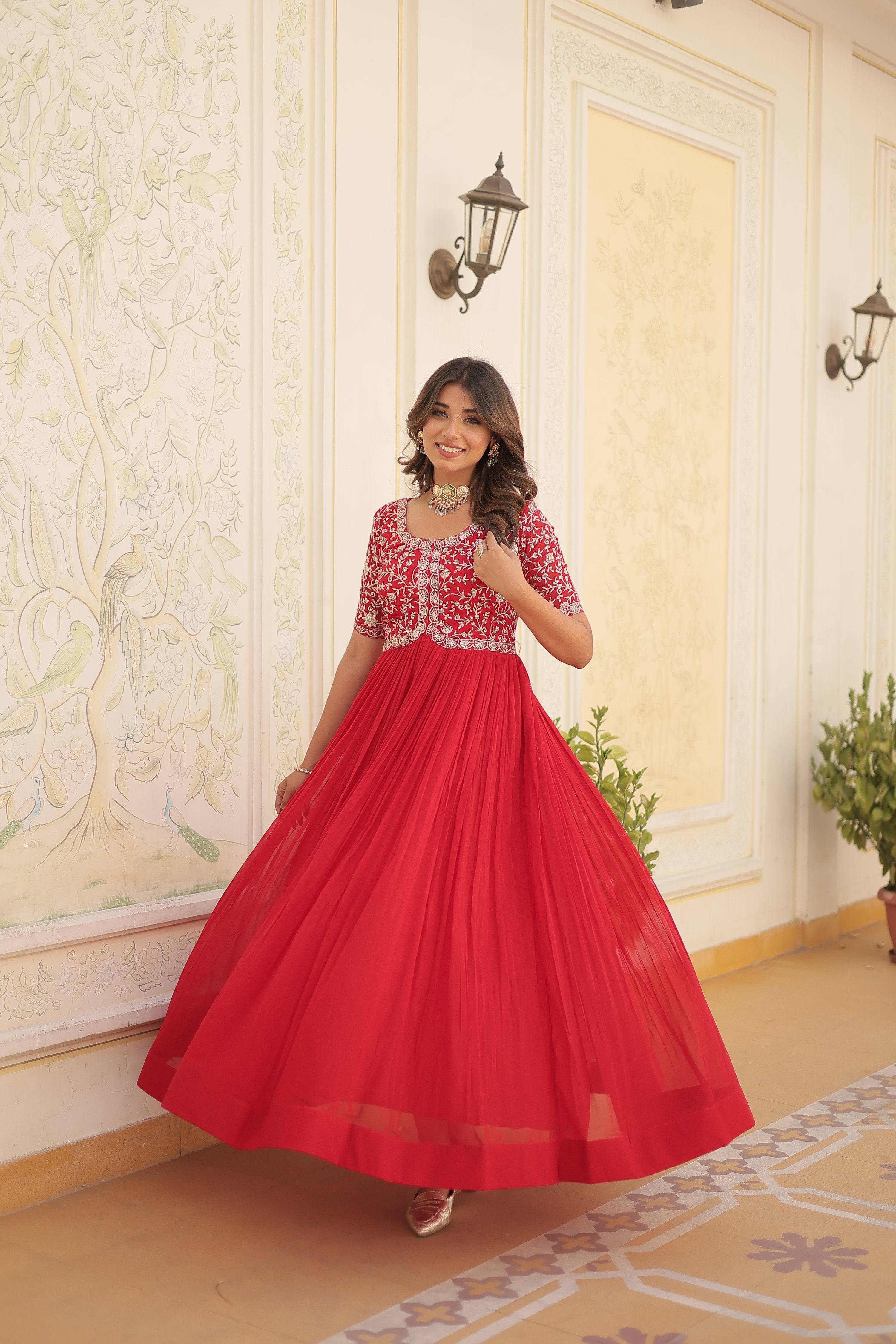 Sonakshi Women's Red Faux Blooming Sequins Zari Embroidered Long Anarkali Dress | Grocsy