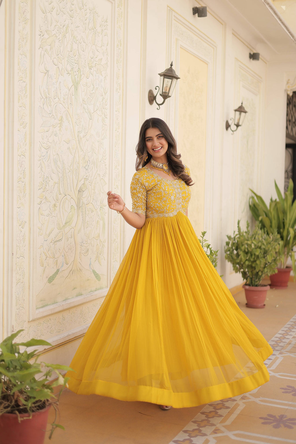 Sonakshi Women's Yellow Faux Blooming Sequins Zari Embroidered Long Anarkali Dress | Grocsy