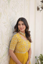 Sonakshi Women's Yellow Faux Blooming Sequins Zari Embroidered Long Anarkali Dress | Grocsy