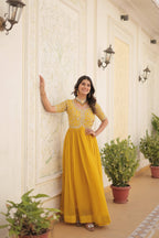 Sonakshi Women's Yellow Faux Blooming Sequins Zari Embroidered Long Anarkali Dress | Grocsy