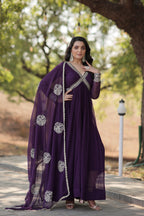 Sonakshi Women's Purple Faux Blooming Sequins Zari Embroidered Anarkali Dress with Dupatta | Grocsy