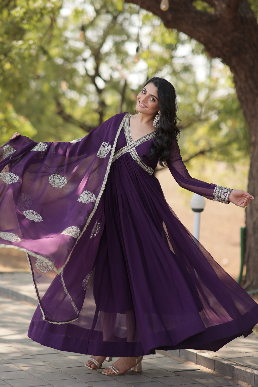 Sonakshi Women's Purple Faux Blooming Sequins Zari Embroidered Anarkali Dress with Dupatta | Grocsy