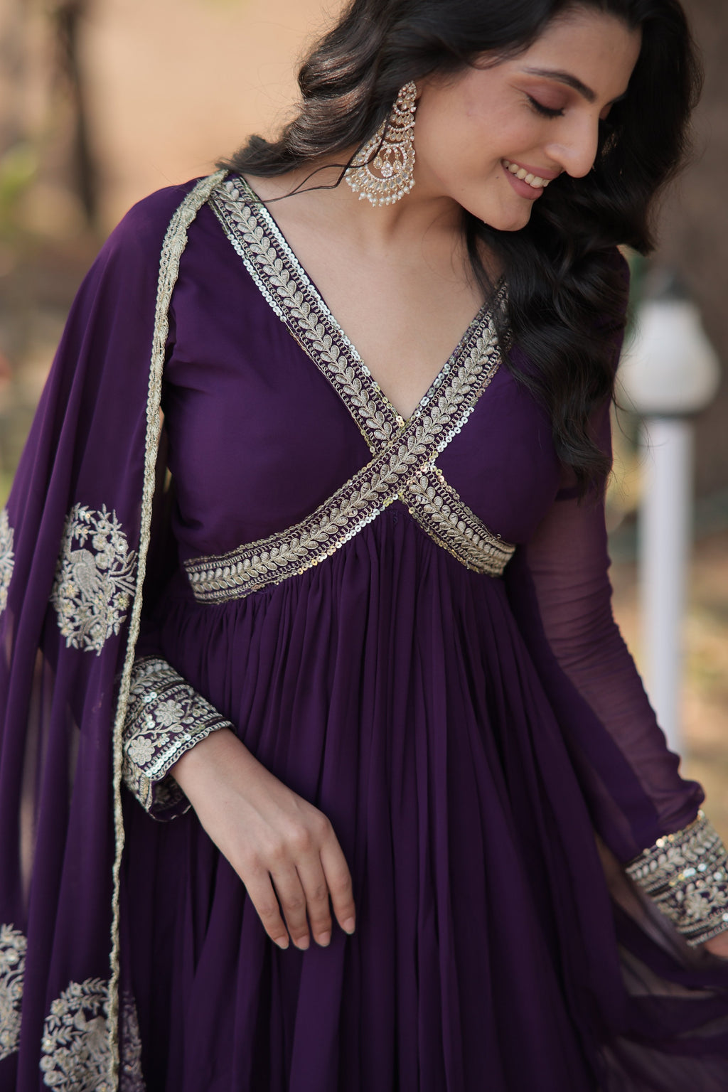 Sonakshi Women's Purple Faux Blooming Sequins Zari Embroidered Anarkali Dress with Dupatta | Grocsy