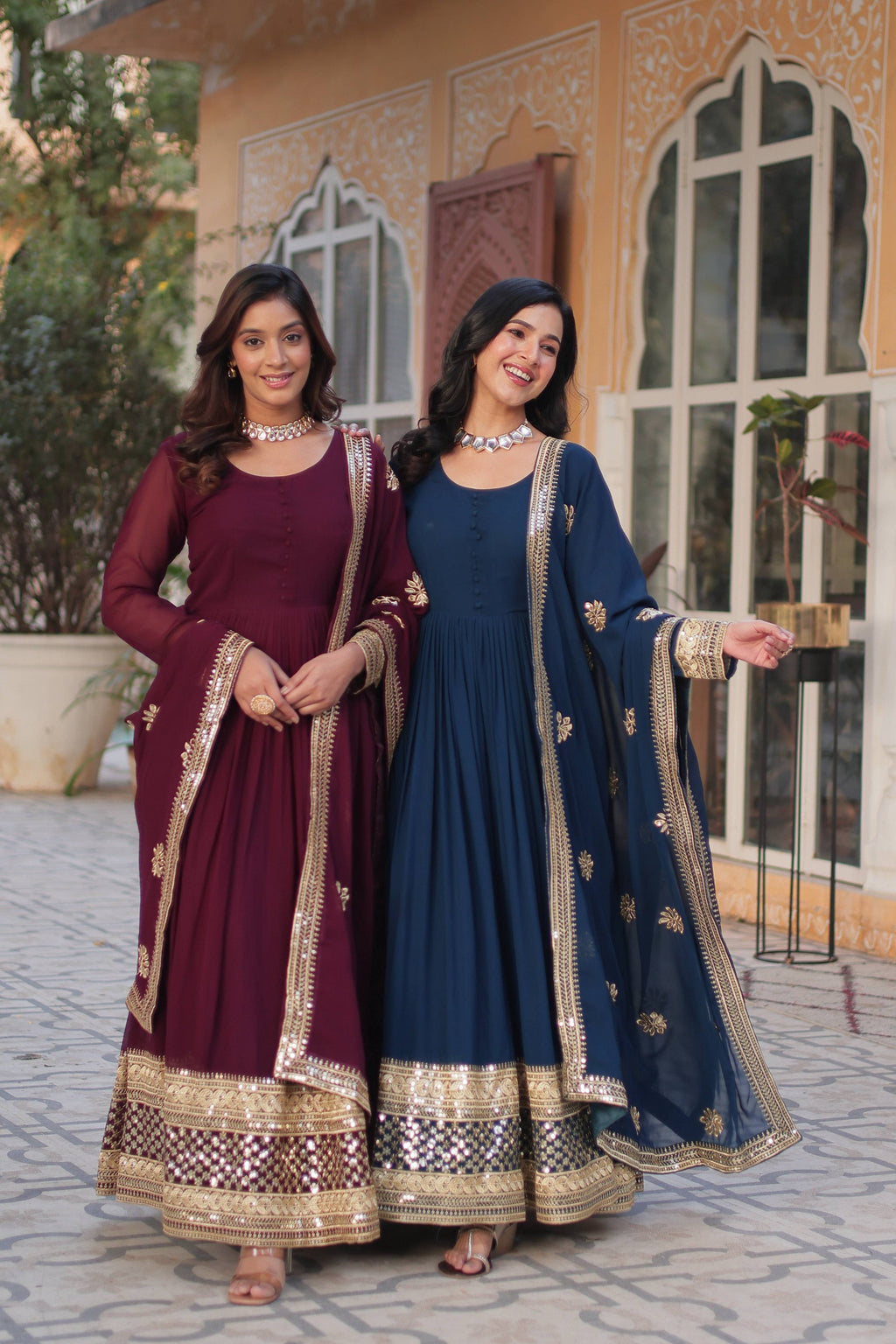 Sonakshi Women's Blue & Wine Faux Blooming Sequins Zari Embroidered Combo Anarkali Sets | Grocsy