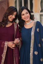 Sonakshi Women's Blue & Wine Faux Blooming Sequins Zari Embroidered Combo Anarkali Sets | Grocsy