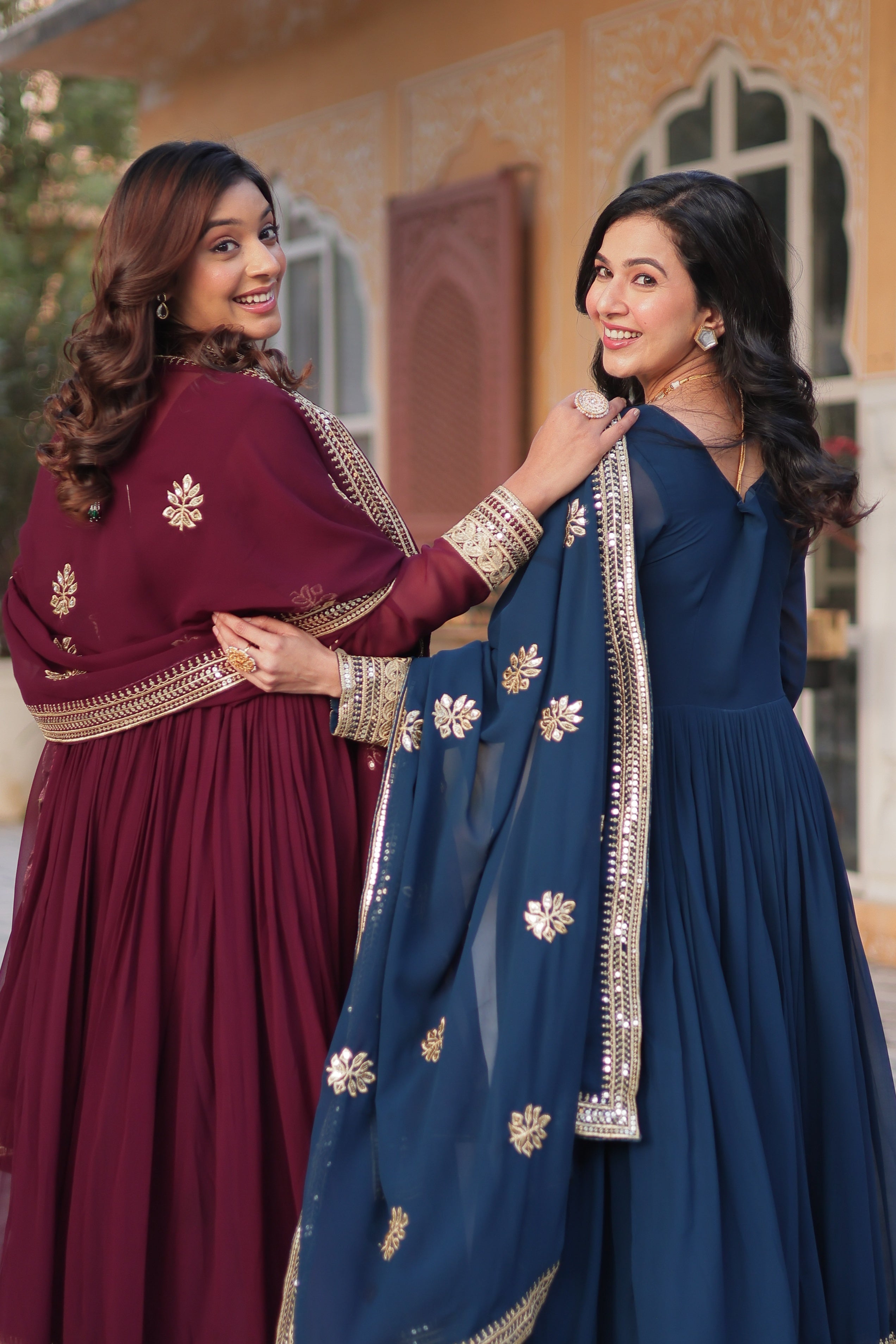 Sonakshi Women's Blue & Wine Faux Blooming Sequins Zari Embroidered Combo Anarkali Sets | Grocsy