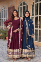 Sonakshi Women's Blue & Wine Faux Blooming Sequins Zari Embroidered Combo Anarkali Sets | Grocsy