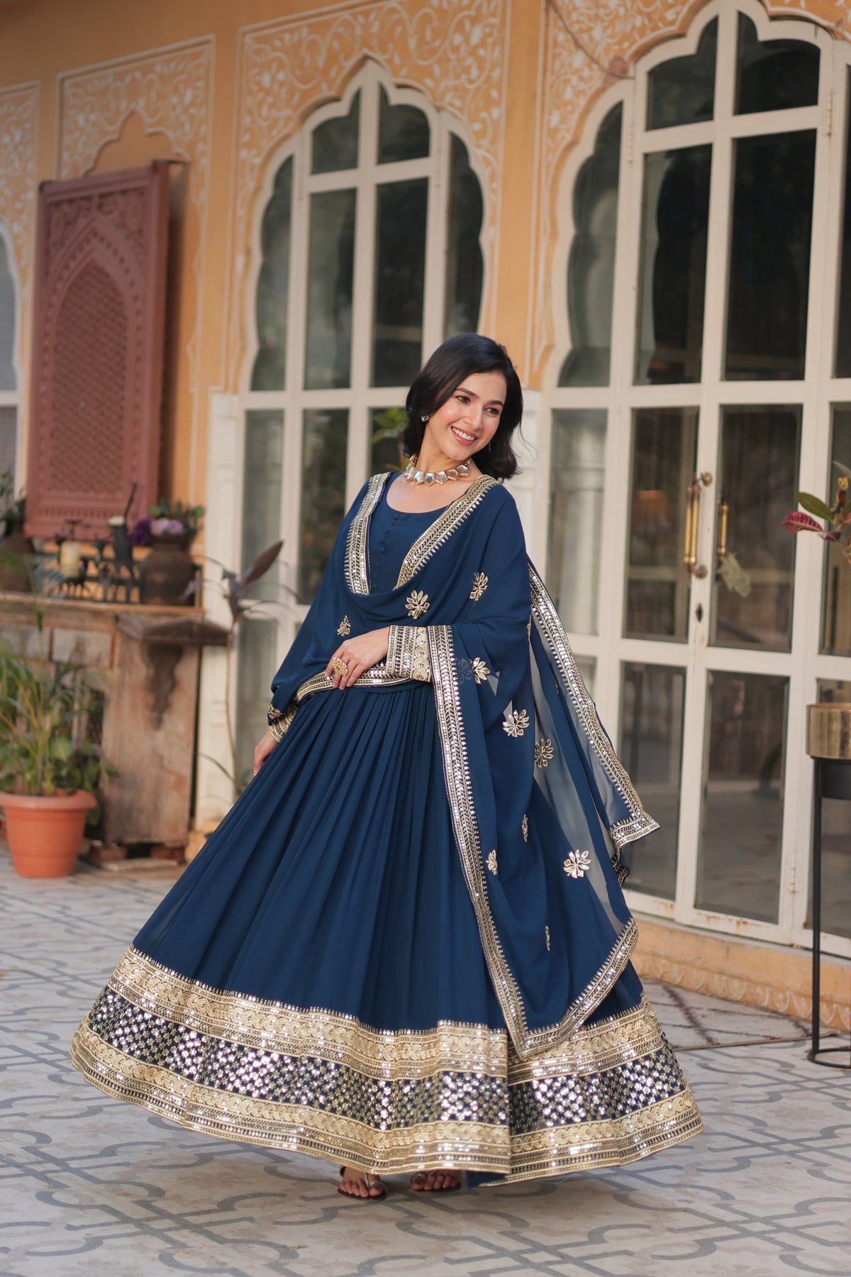 Sonakshi Women's Blue Faux Blooming Sequins Zari Embroidered Long Anarkali Sets | Grocsy