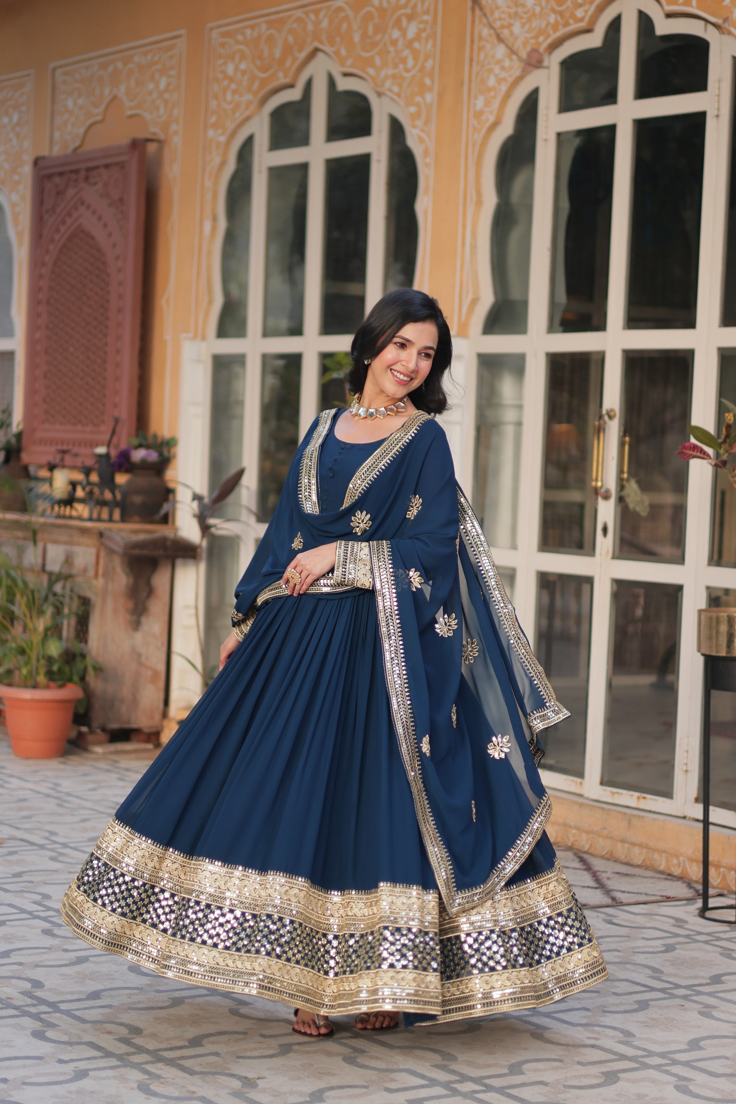 Jyoti Fashion Women's Blue Faux Blooming Sequins Zari Embroidered Long Anarkali Sets | Grocsy