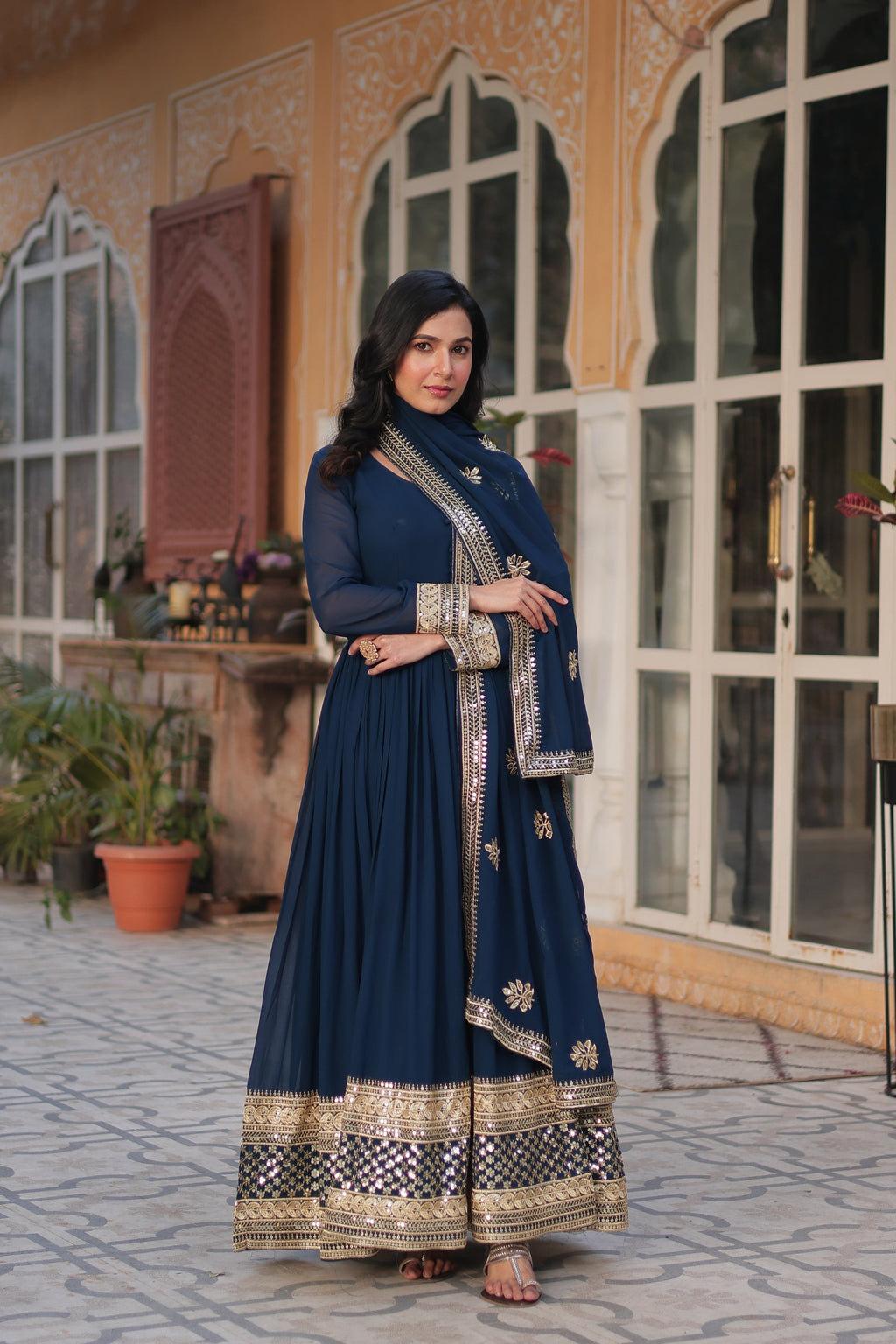 Sonakshi Women's Blue Faux Blooming Sequins Zari Embroidered Long Anarkali Sets | Grocsy