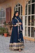Sonakshi Women's Blue Faux Blooming Sequins Zari Embroidered Long Anarkali Sets | Grocsy