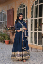 Sonakshi Women's Blue Faux Blooming Sequins Zari Embroidered Long Anarkali Sets | Grocsy