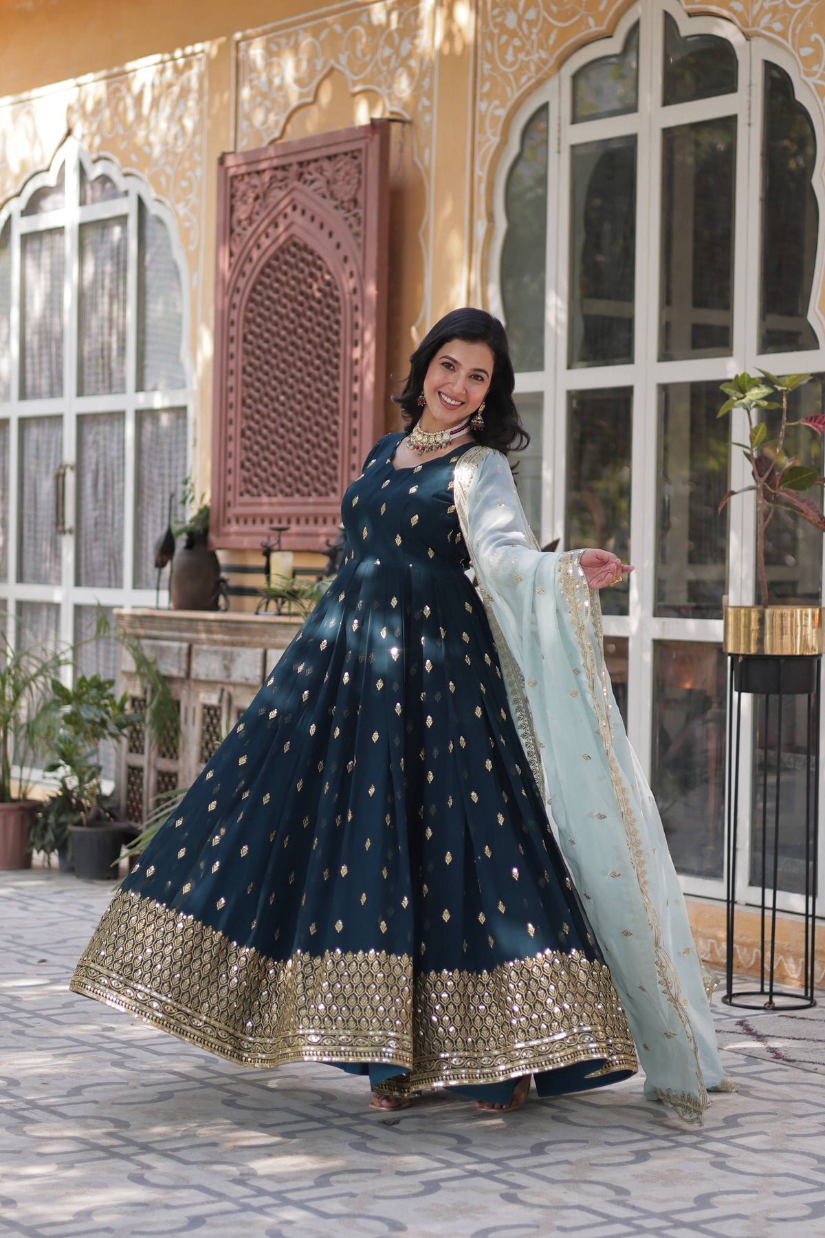 Jyoti Fashion Women's Bottle Green Faux Blooming Sequins Zari Embroidered Long Anarkali Sets | Grocsy
