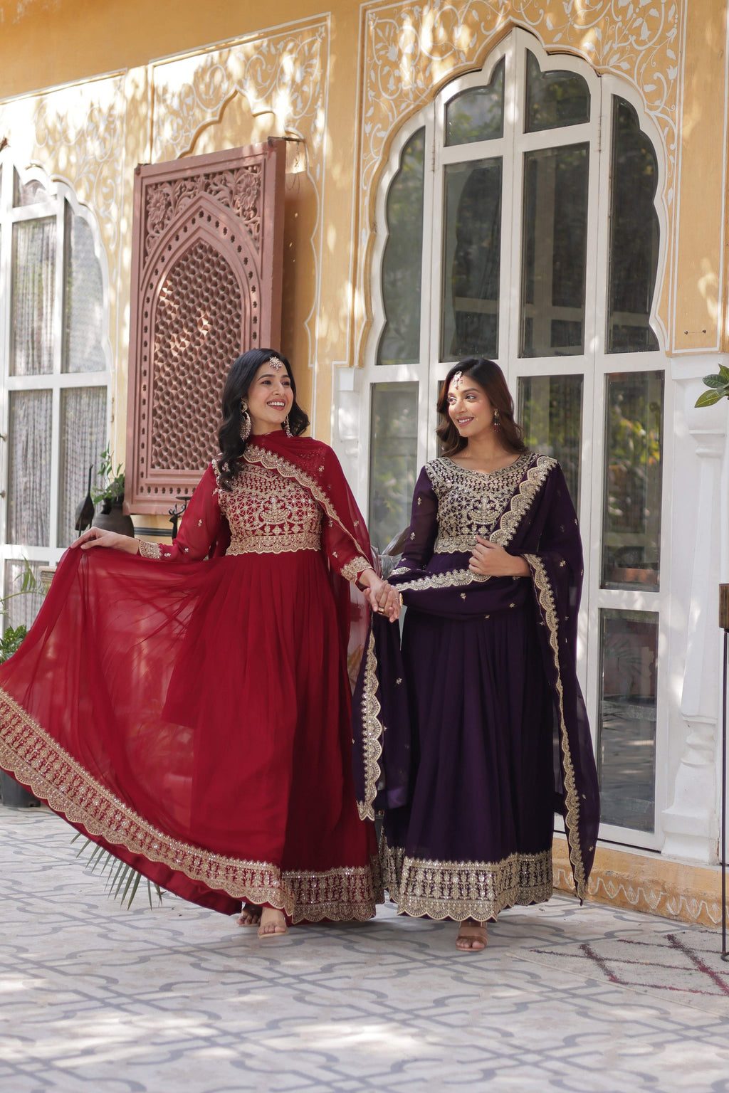 Sonakshi Women's Maroon & Wine Faux Blooming Sequins Zari Embroidered Combo Anarkali Sets | Grocsy