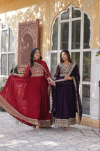 Sonakshi Women's Maroon & Wine Faux Blooming Sequins Zari Embroidered Combo Anarkali Sets | Grocsy
