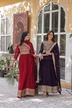Sonakshi Women's Maroon & Wine Faux Blooming Sequins Zari Embroidered Combo Anarkali Sets | Grocsy