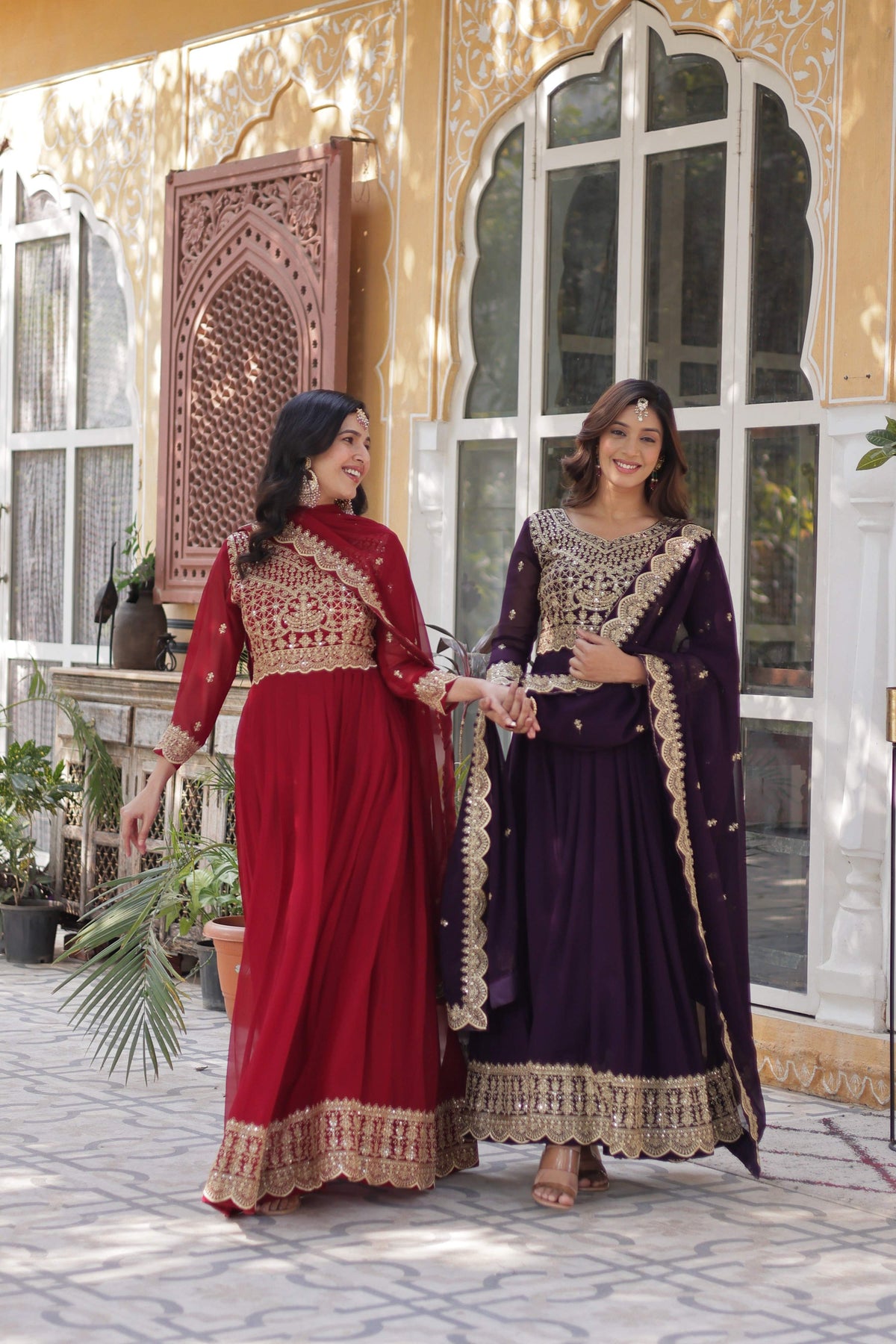 Sonakshi Women's Maroon & Wine Faux Blooming Sequins Zari Embroidered Combo Anarkali Sets | Grocsy