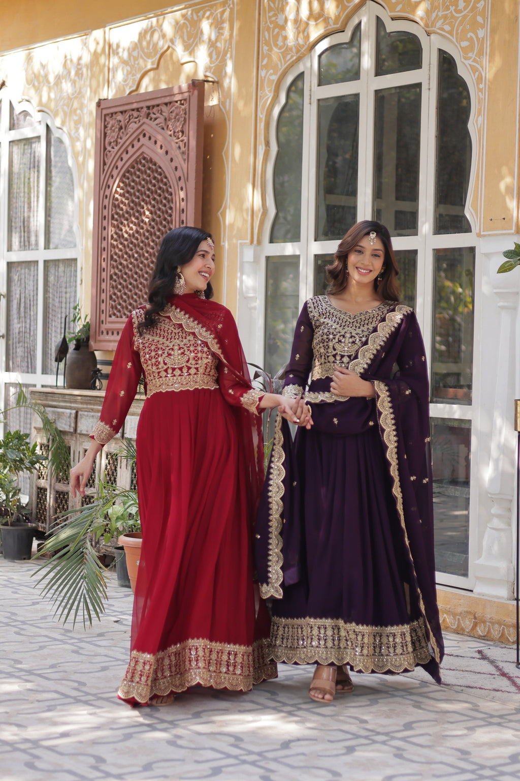 Jyoti Fashion Women's Maroon & Wine Faux Blooming Sequins Zari Embroidered Combo Anarkali Sets | Grocsy
