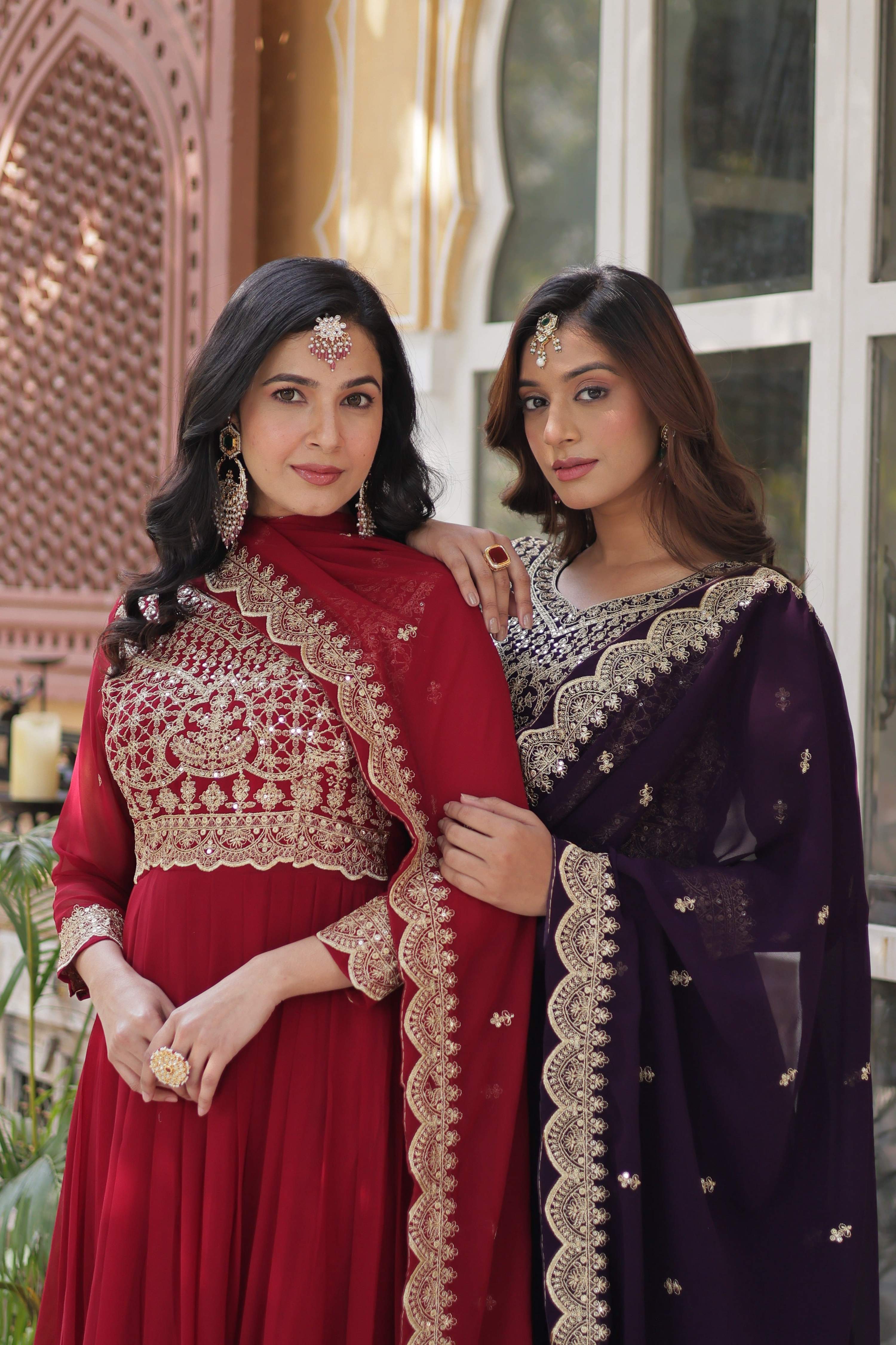 Sonakshi Women's Maroon & Wine Faux Blooming Sequins Zari Embroidered Combo Anarkali Sets | Grocsy