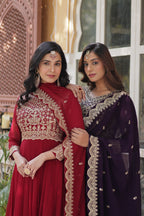 Jyoti Fashion Women's Maroon & Wine Faux Blooming Sequins Zari Embroidered Combo Anarkali Sets | Grocsy