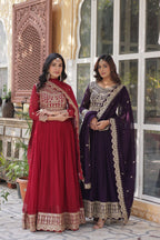 Sonakshi Women's Maroon & Wine Faux Blooming Sequins Zari Embroidered Combo Anarkali Sets | Grocsy