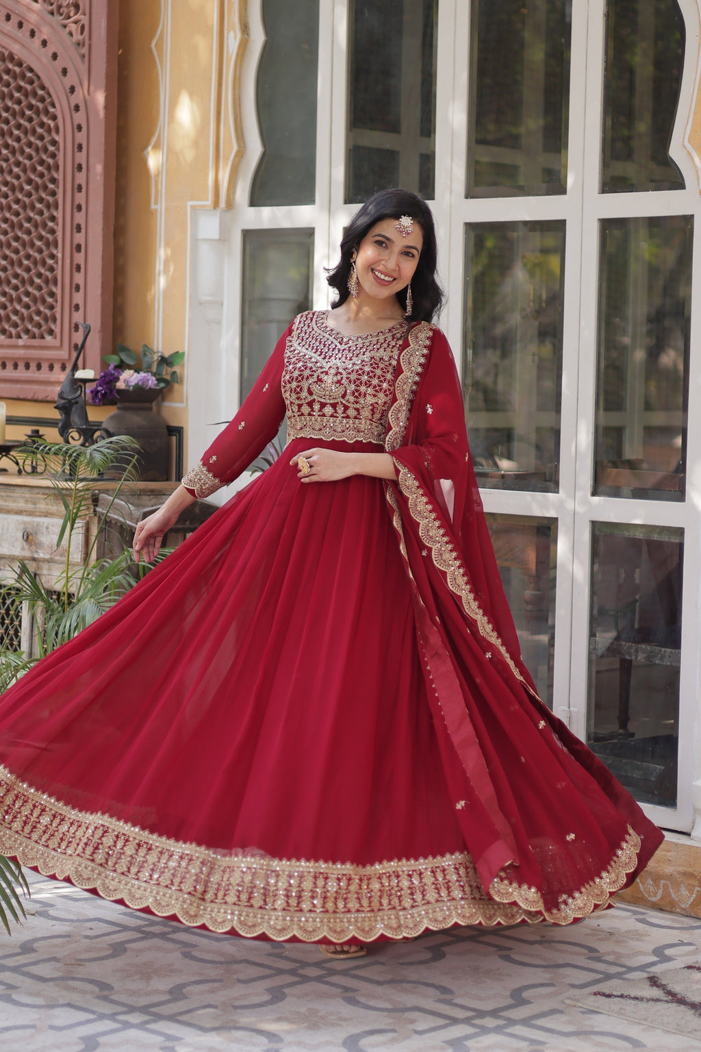 Sonakshi Women's Maroon Faux Blooming Sequins Zari Embroidered Long Anarkali Sets | Grocsy