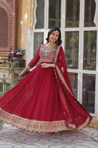 Sonakshi Women's Maroon Faux Blooming Sequins Zari Embroidered Long Anarkali Sets | Grocsy